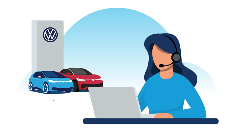 Illustration showing a call centre agent working at a laptop against a VW retailer background. 