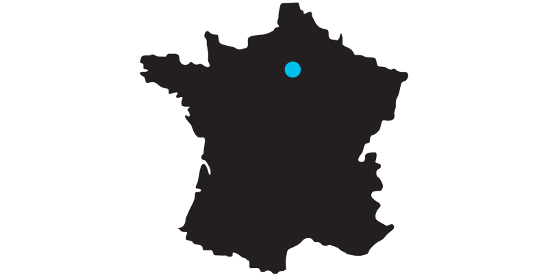 Outline of a map of France with a mark on the location of Paris