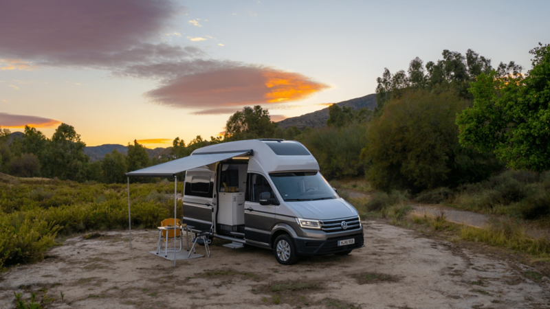 Photo of a Grand California parked against a countryside background. 