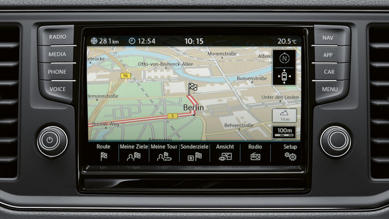 Picture shows the “Discover Media” navigation system with a map on the display.