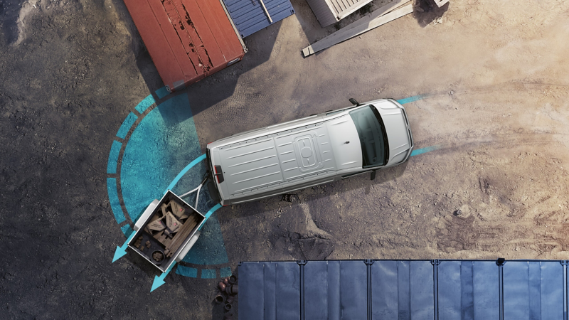 La photo du Crafter de Volkswagen Véhicules Utilitaires montre une vue d'ensemble du fonctionnement du Trailer Assist.