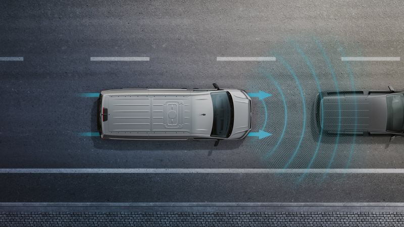 Ilustracja Volkswagena Samochody Użytkowe Crafter pokazuje z lotu ptaka, jak działa automatyczny system kontroli odległości ACC z systemem monitorowania środowiska „Front Assist”.