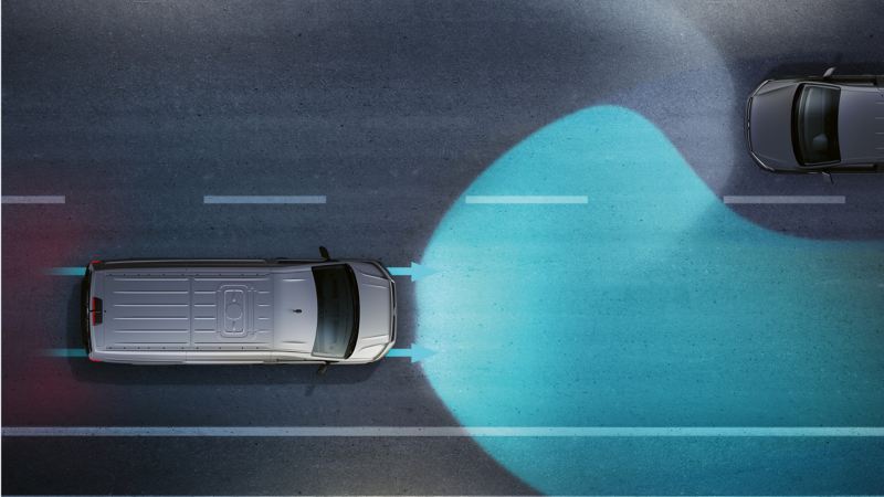 Bild zeigt einen Volkswagen Nutfahrzeuge Crafter aus der Vogelperspektive. Blaue Wellen bilden die Funktionsweise der optionalen Fernlichtregulierung „Light Assist“ ab. 