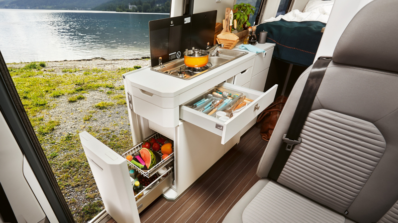 The kitchen in the VW California.