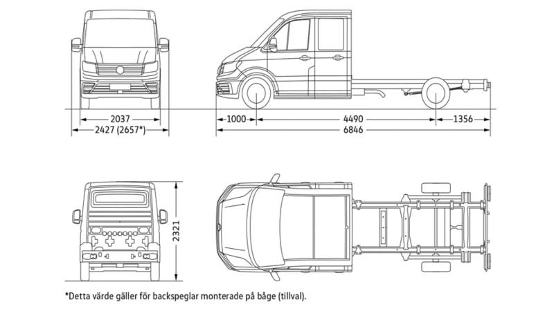 VW Crafter Chassi långt axelavstånd dubbelhytt måttskiss.