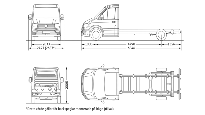 VW Crafter Chassi långt axelavstånd enkelhytt måttskiss.