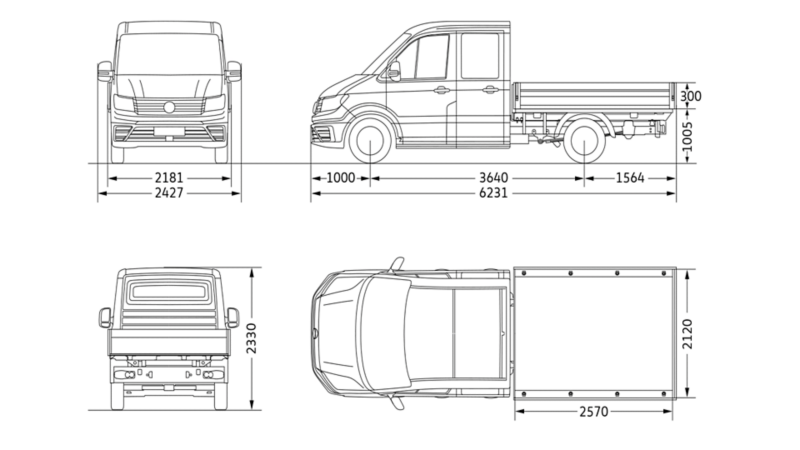 VW Crafter Flak dubbelhytt kort axelavstånd måttskiss.
