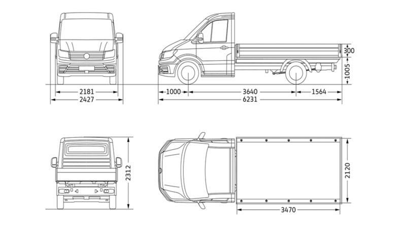 VW Crafter Flak enkelhytt kort axelavstånd måttskiss.