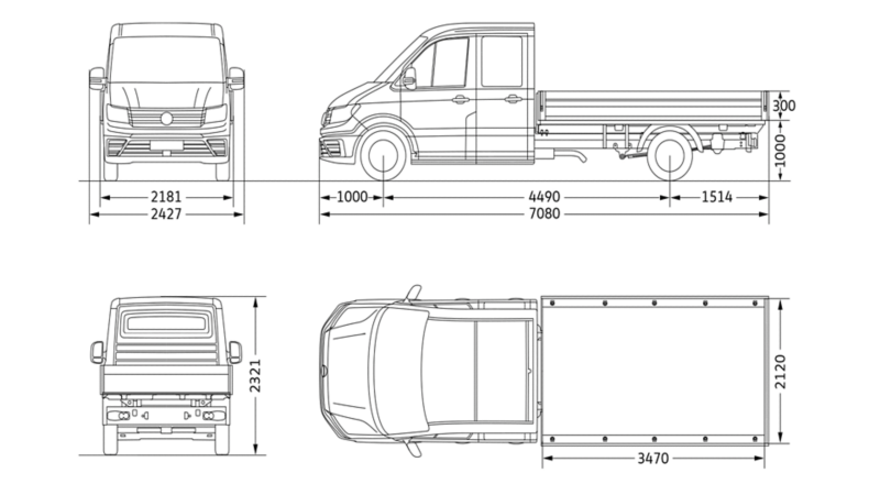 VW Crafter Flak dubbelhytt långt axelavstånd måttskiss.