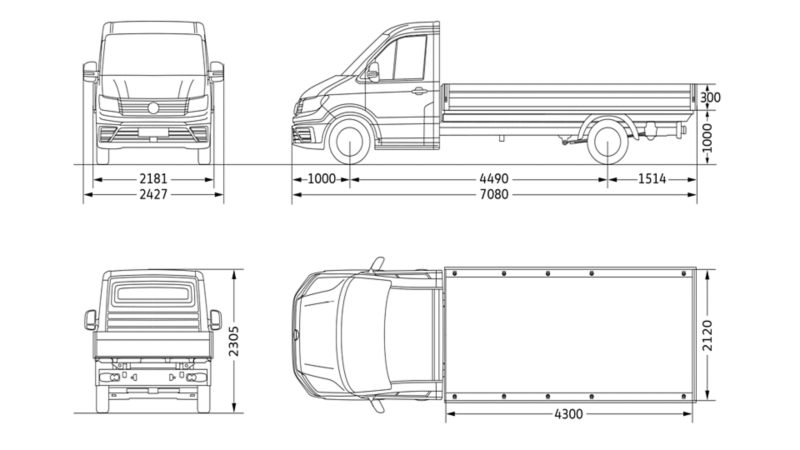 VW Crafter Flak enkelhytt långt axelavstånd måttskiss.