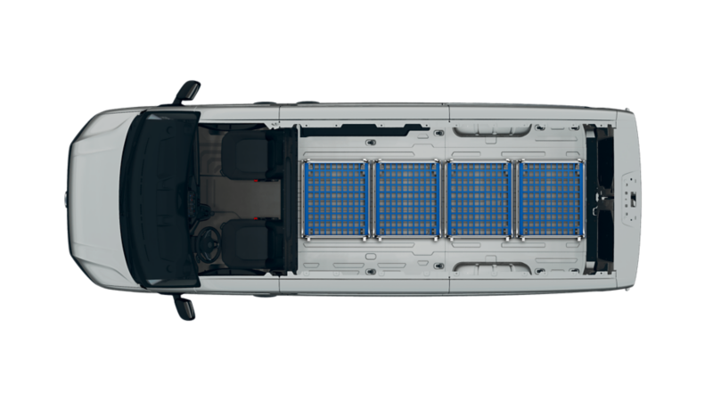 Der VW Crafter Kastenwagen mit vier Rollcontainern im Laderaum.