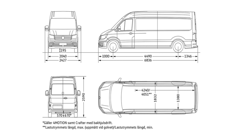 VW Crafter Skåp med långt axelavstånd och högt tak, måttskiss.