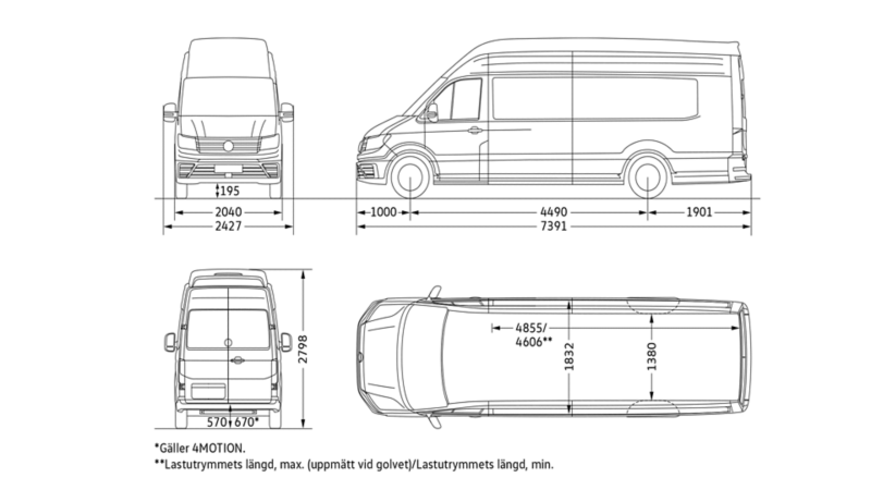VW Crafter Skåp med långt axelavstånd, överhäng och extrahögt tak, måttskiss.
