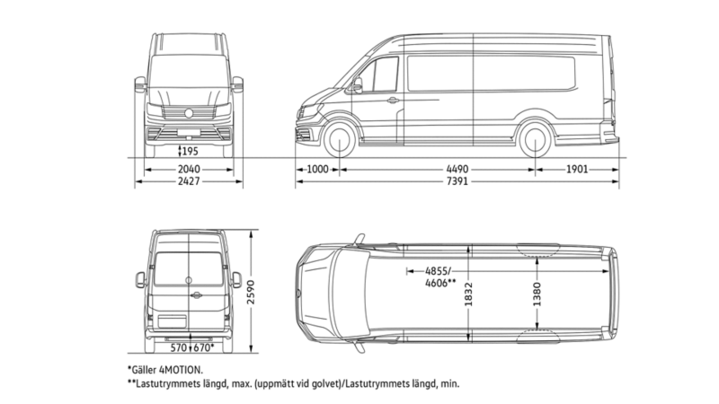 VW Crafter Skåp med långt axelavstånd, överhäng och högt tak, måttskiss.