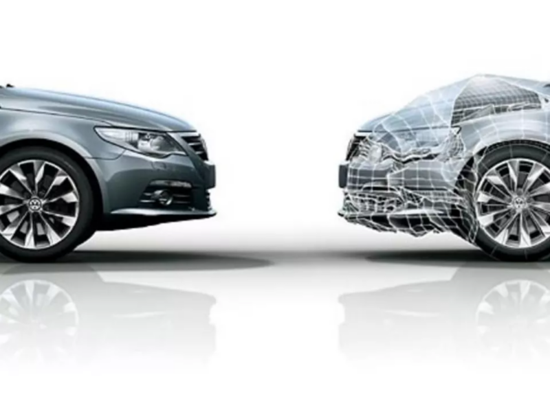 Illustration show a before and after of a car that has had a frontal crash, highlighting the crumple zones
