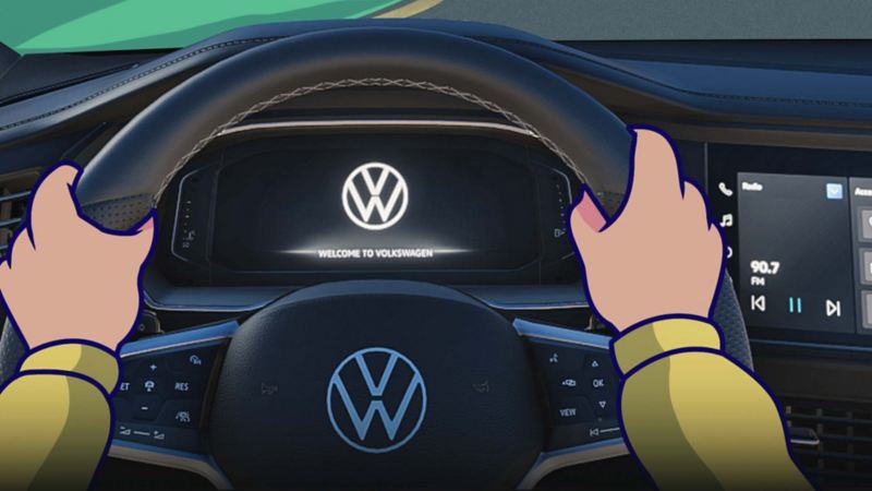 Conductor toma el volante de un Volkswagen mientras papá le indica cómo manejar. 