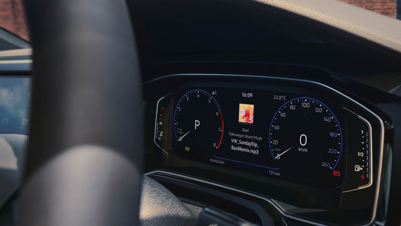 Close-up of the optional Digital Cockpit Pro in the VW Polo, showing the speedometer