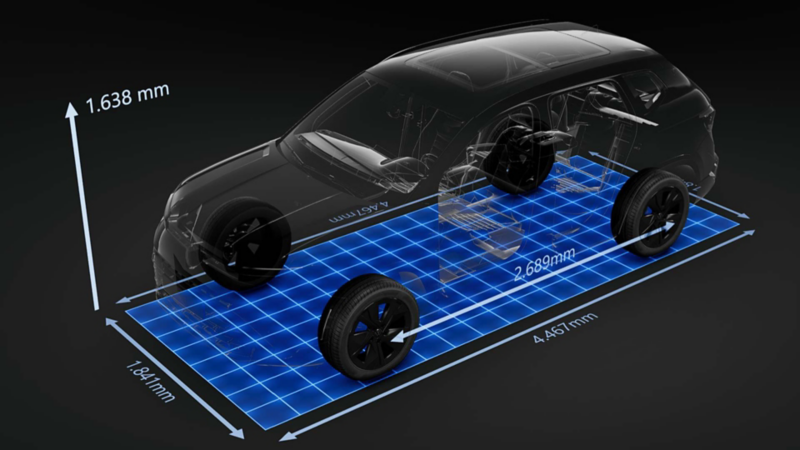 Gráfico 3D de Volkswagen Taos 2026 en tonalidad negra que muestra sus dimensiones exteriores.