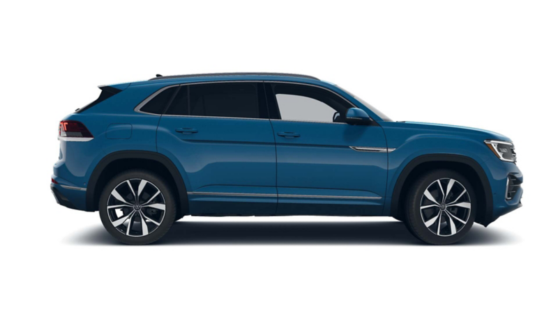 Volkswagen Cross Sport. Vista lateral de SUVW de lujo en color exterior azul, con cristales polarizados.