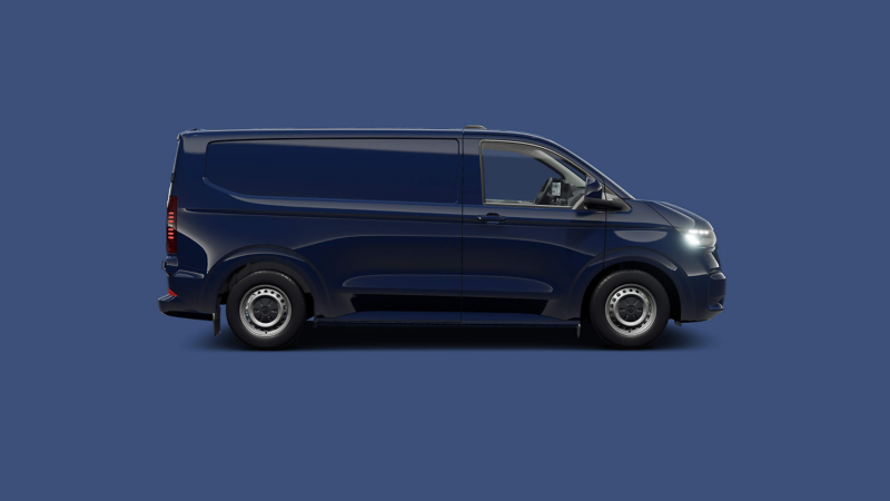 Blue VW e-Transporter side-on view parked against a plain blue background. 