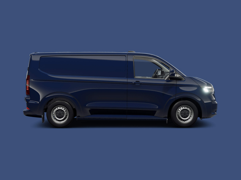 Blue VW e-Transporter side-on view parked against a plain blue background. 