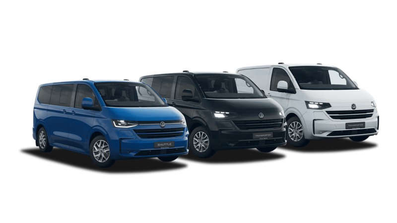 Three Volkswagen e-Transporter vans lined up: e-Transporter Panel van in white, e-Transporter Kombi in black and e-Transporter Shuttle in blue