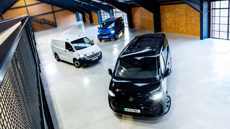 a range of VW vans in a warehouse shot from a bird's eye view