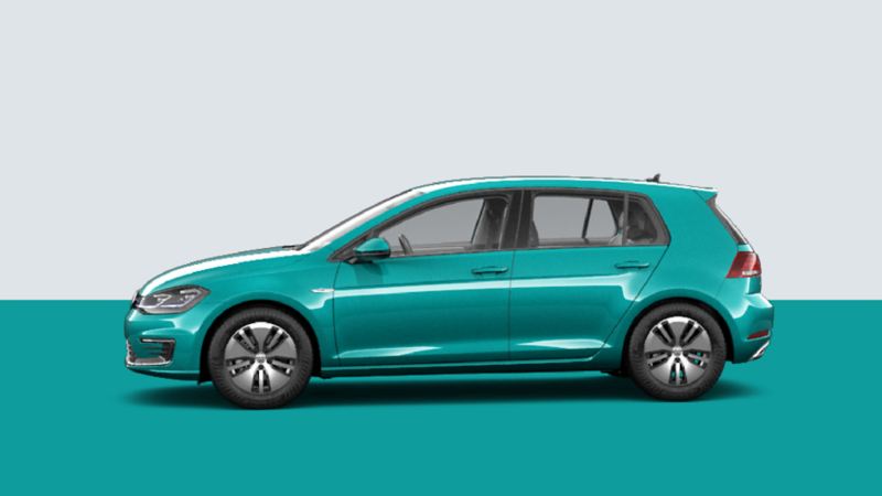 Side view of a volkswagen e-Golf in a studio background