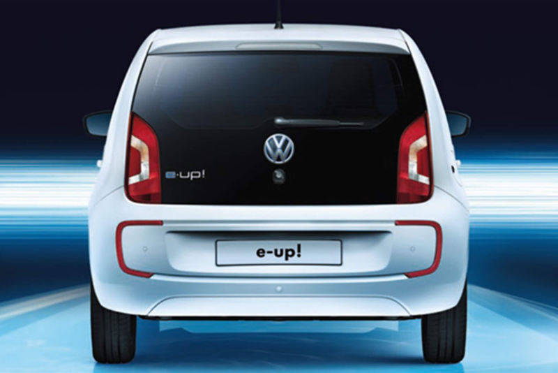 Rear view of a white Volkswagen e-up!