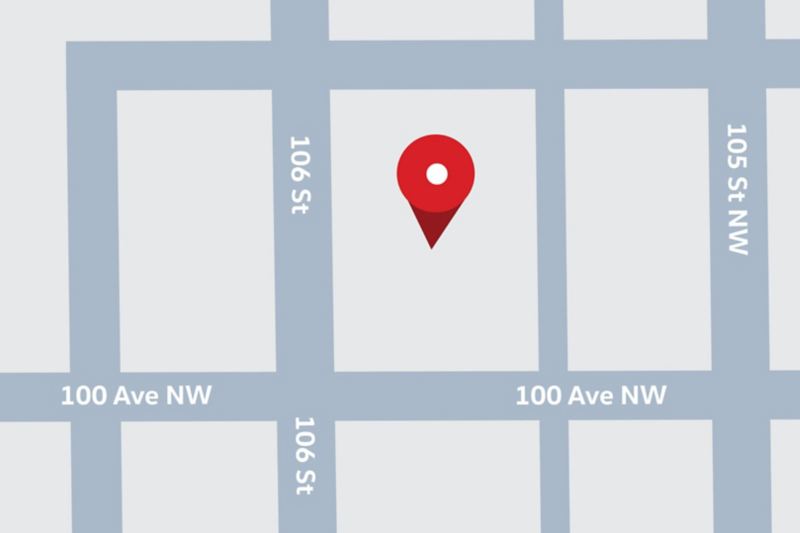 La carte affiche l'endroit situé au 10025 106 St, Edmonton, AB.