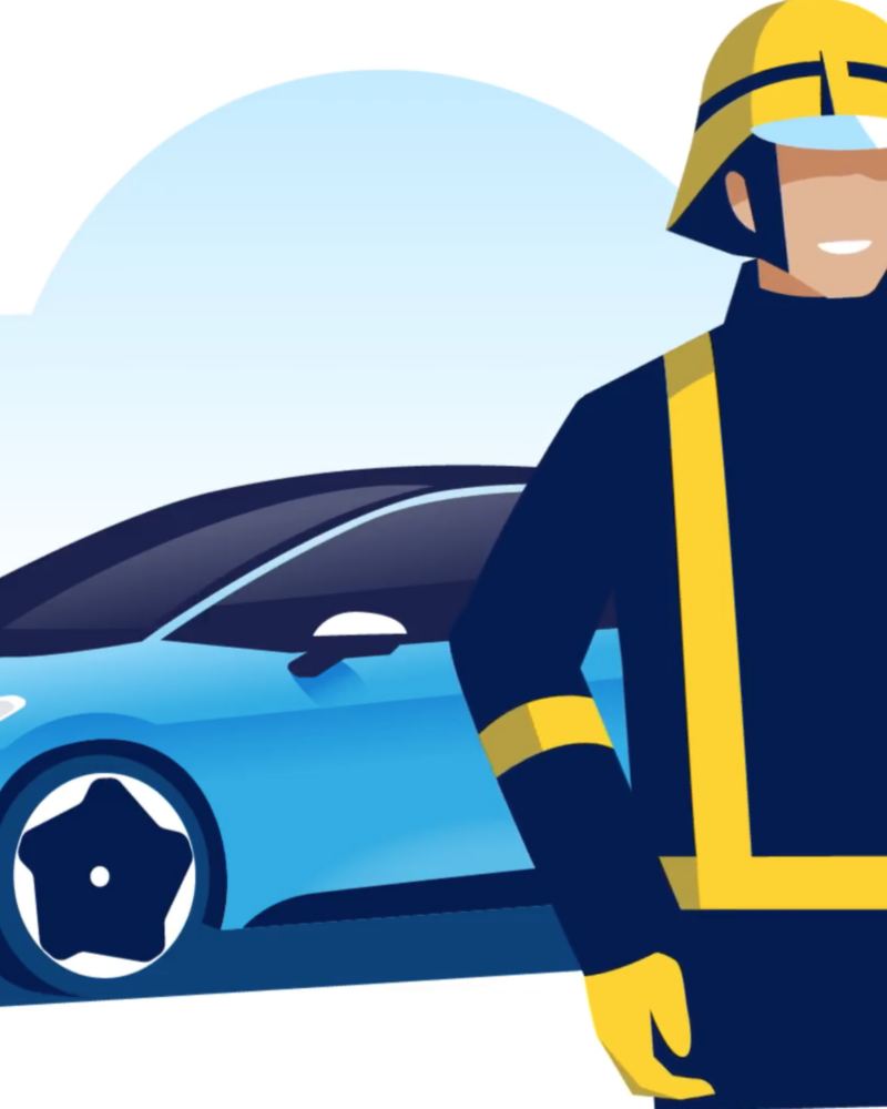 Ein illustrierter Feuerwehrmann steht vor einem Volkswagen ID. Modell.