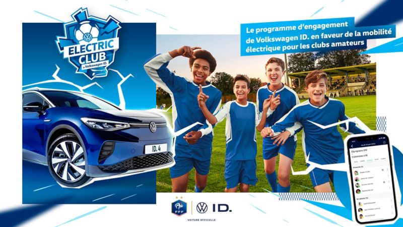 Visuel d'illustration de l'Electric Club by Volkswagen ID. avec un ID.4, un groupe de jeunes joueurs souriants et un smartphone.