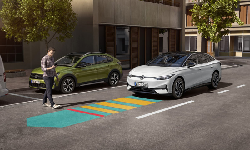 Graphic shows how Front Assist works in VW ID.7. 
