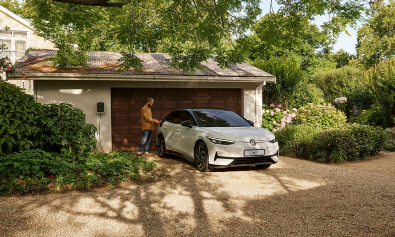 A white ID.7 parked on a drive in front of a garage door and a man opening the charging dock