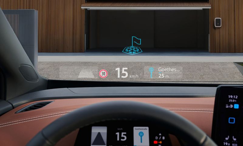 View from the inside of the windshield of a VW ID.5 with head-up display