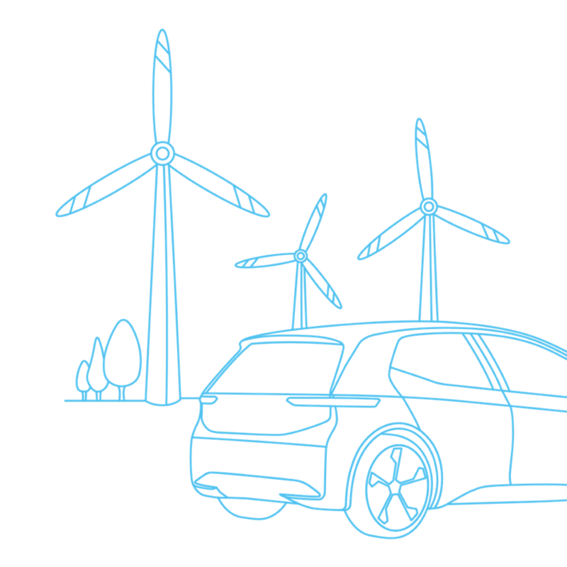 Illustration of a Volkswagen electric vehicle and wind turbines.