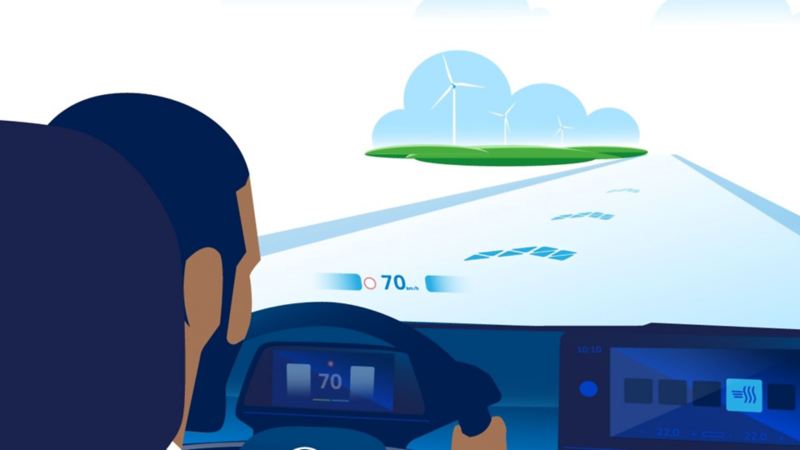 An illustration of a person driving a VW ID model with AR head-up display activated