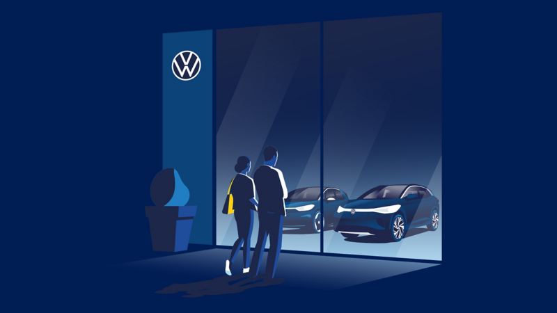 Illustration of a couple looking at VW ID. range inside a showroom with glass walls