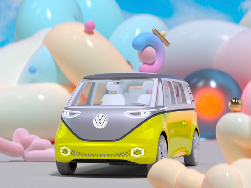 Image of an ID. Buzz driving around a dream like scene. 