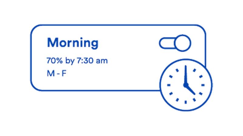an icon that displays a clock and text reads Morning 70% by seven thirty a.m