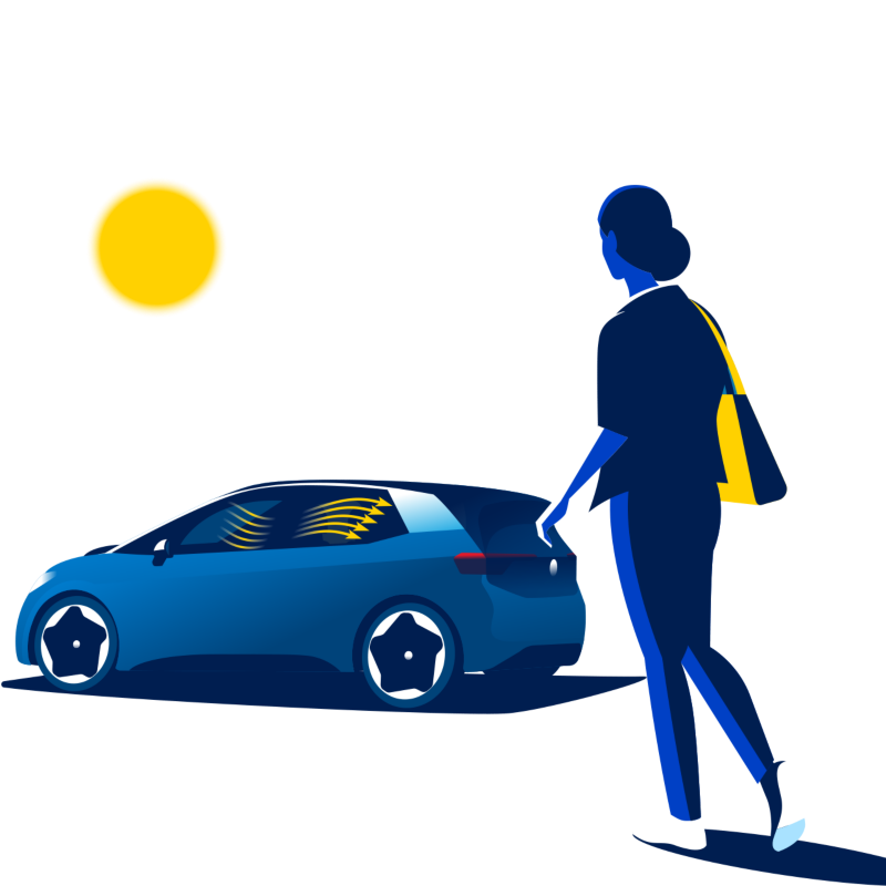 A woman walks towards the Volkswagen ID.3 with the sun in the background