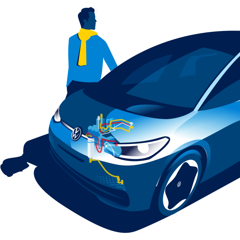 Volkswagen ID.3 with illustrated heat pump and a man standing next to the car