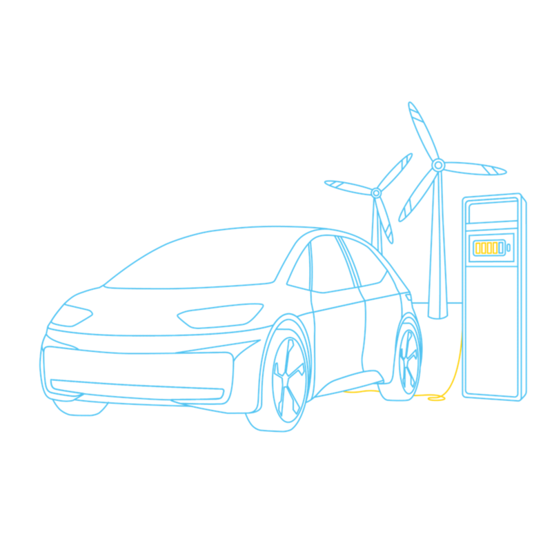 Illustration of an ID.3 charging with green power with a charging station and wind farm in the background