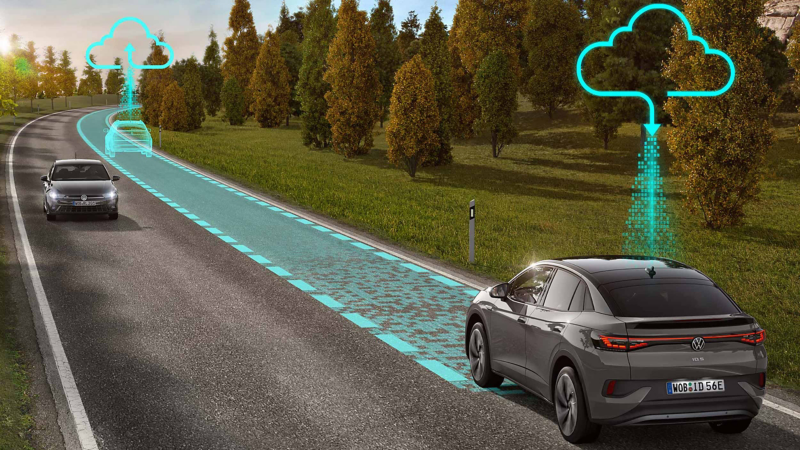 An illustration of travel assist technology with an ID.5 on the road