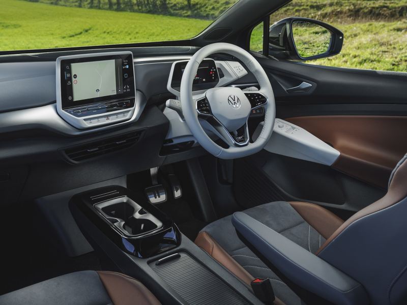Interior front dash and steering wheel of the Volkswagen ID.4