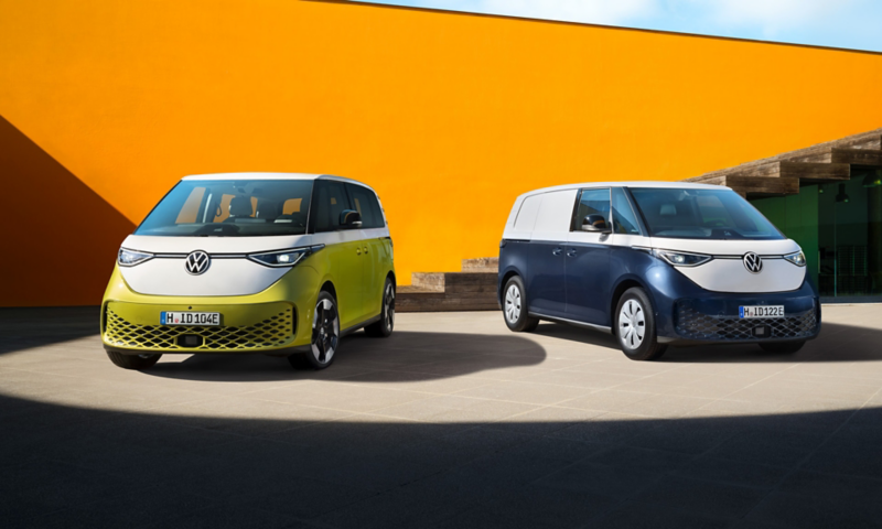 Two ID. Buzz vehicles parked together