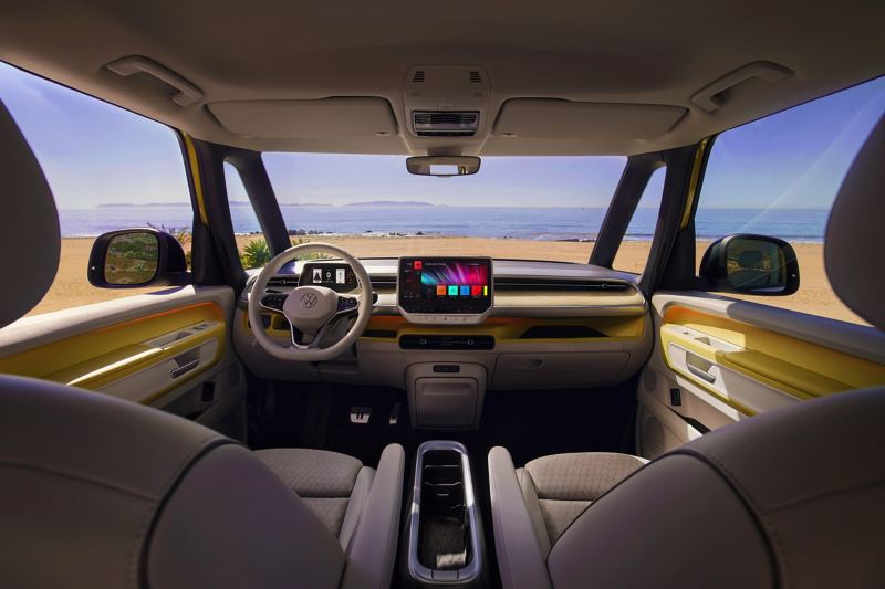 View from the font of the VW ID. Buzz in the direction of the windscreen, the sea can be seen in the background.