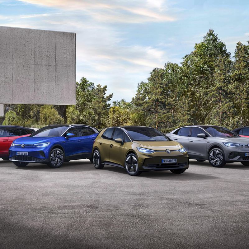 A line up of the VW electric range including ID.3 PA, ID.4, ID.4 GTX, & ID.5 GTX