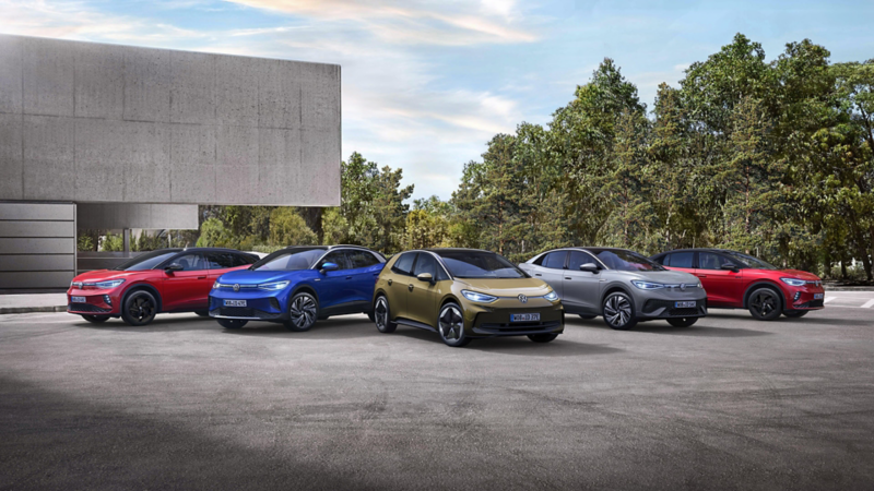 line up of Volkswagen's electric range of cars