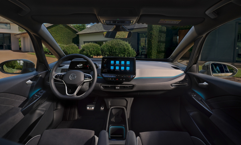 interior shot showing the infotainment system and wheel of a VW car